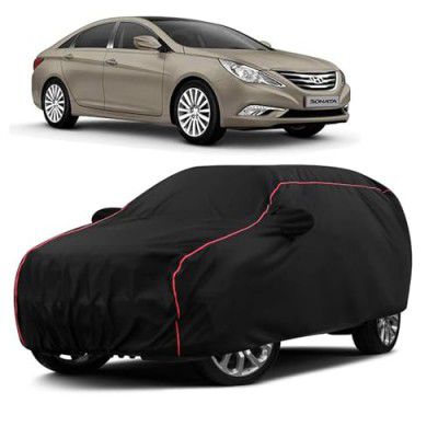 Sulfar 100% Water Resistant Car Body Cover Compatible with Mirror for Hyundai Sonata Transform (Triple Stitched, Full Bottom Elastic, Black with Red Piping)
