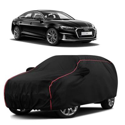 Sulfar 100% Water Resistant Car Body Cover Compatible with Mirror for Audi A5 (Triple Stitched, Full Bottom Elastic, Black with Red Piping)