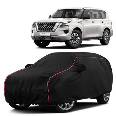 Sulfar 100% Water Resistant Car Body Cover Compatible with Mirror for Nissan Patrol (Triple Stitched, Full Bottom Elastic, Black with Red Piping)