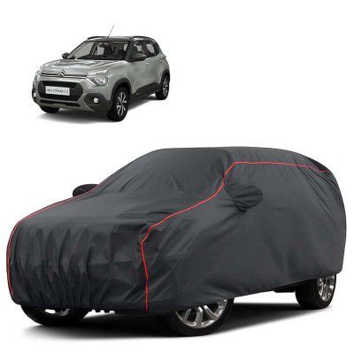 Sulfar 100% Water Resistant Car Body Cover Compatible with Mirror for CITROËN C3 (Triple Stitched, Full Bottom Elastic, Dark Grey Tafetta with Red Piping)