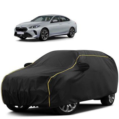 Sulfar 100% Water Resistant Car Body Cover Compatible with Mirror for BMW 2 Series Gran Coupe (Triple Stitched, Full Bottom Elastic, Black Tafetta with Yellow Piping)