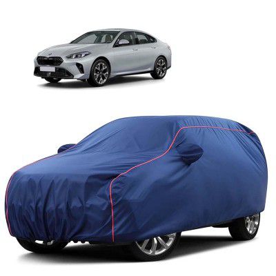 Sulfar 100% Water Resistant Car Body Cover Compatible with Mirror for BMW 2 Series Gran Coupe (Triple Stitched, Full Bottom Elastic, Blue Tafetta with Red Piping)