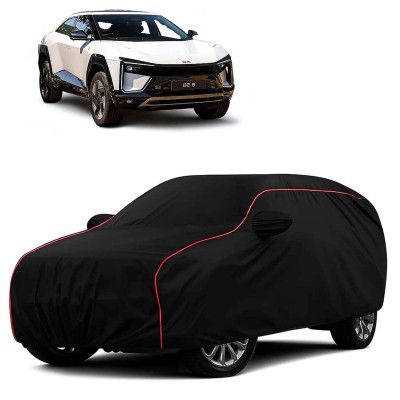 Sulfar 100% Water Resistant Car Body Cover Compatible with Mirror for Mahindra BE 6 (Triple Stitched, Full Bottom Elastic, Black with Red Piping)