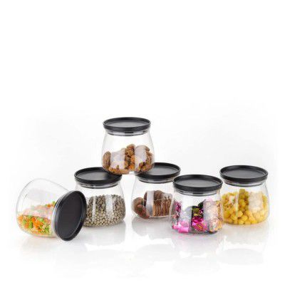 Sulfar Crystal Clear Matka Shaped Glass Jar with Air Tight | 900ml Pack of (6 pcs), Multicolor, Large (2286)