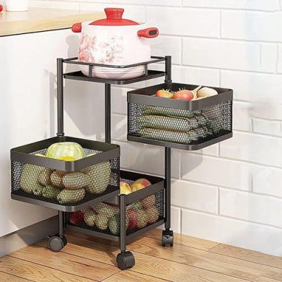 Sulfar Multi Purpose Trolley Storage Organizer and Kitchen Accessories Items for Kitchen Storage Rack Square (Matt Black, 3 Layer Drawer)