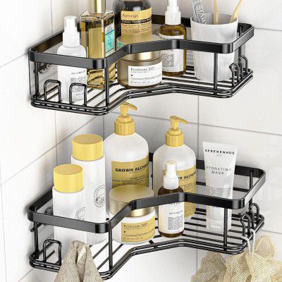 Sulfar Self Adhesive Corner Shelf for Bathroom Adhesive Shelf (Black) Pack of 2