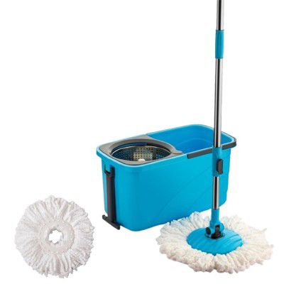 Sulfar Spin Bucket Mop Set with Steel Wringer and Auto-fold Handle, Blue, (1 Extra Refill)