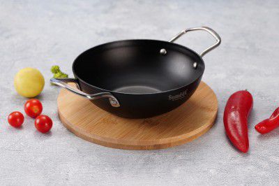 Sumeet Super Smooth Pre Seasoned Carbon Steel (Iron) Deep Kadai for Cooking , Black