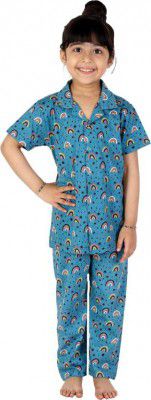 SUNDERLOOK  Girls Printed Pure Cotton Kids Nightwear  (Blue Pack of 1)