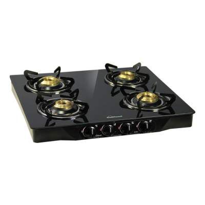 Sunflame Pearl Glass Top 4 Burner Gas Stove, Manual Ignition, Black