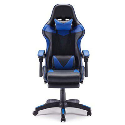 Sunon Ergonomic Reclining Gaming Chair with Headrest and Lumbar Support, Premium Leather and Soft Fabric, Retractable Footrest (Medium Size, Black & Blue)