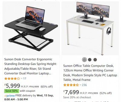 Sunon Office Table Computer Desk & Sunon Desk Converter Standing Table Riser at ₹6159
