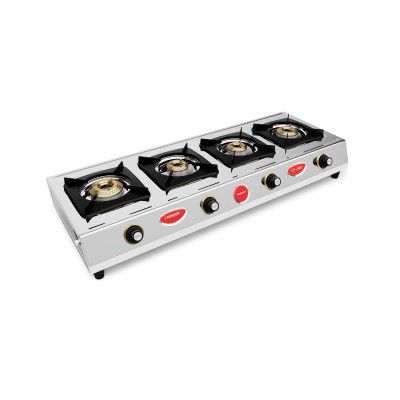 Sunshine CT900 WOC 4 Burner Gas Stoves | 2 Year Warranty On Body & Burner | ISI Certified | Stainless Steel Stove, Manual Ignition, LPG Ready (Silver)