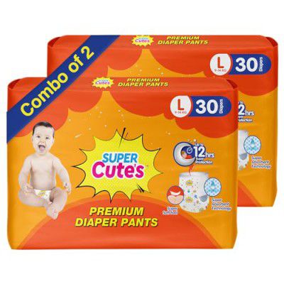 Super Cute's Premium Baby Diapers L Size, 60 Count, Super Soft and Rash Free Diapers, Overnight Leakage Protection (Pack of 2)