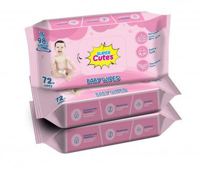 Super Cute's Premium Soft Cleansing 98% Water Baby Wipes with Aloe Vera, Enriched with Vitamin E, and Paraben Free | 72 Wipes | Pack of 3