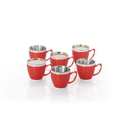 Super Lock & Seal Evolo Plastic Coffee Mug Set, 190ml, Set of 6, Red