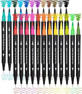 SUPER TOY 24 Shades Dual Tip Brush Marker Pens Set For Coloring