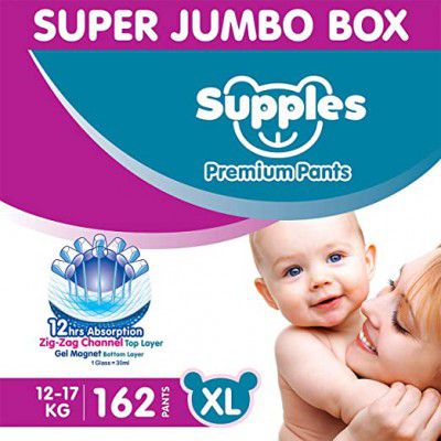Supples Baby Diaper Pants XL Pack of 3 Super Jumbo Box, (2.5 kg - 12.0 kg) (162 count)