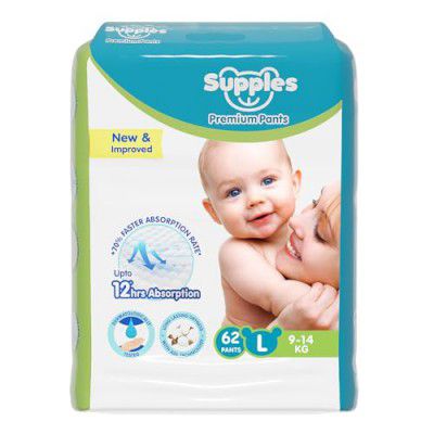 Supples Premium Baby Diaper Pants | 62 Diapers | Large | 9-14 Kg