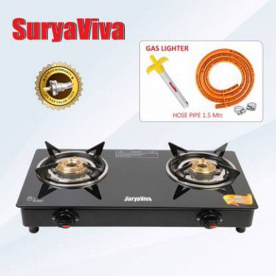 SURYAVIVA Hose Pipe & Lighter Combo Glass Manual Gas Stove (2 Burners)