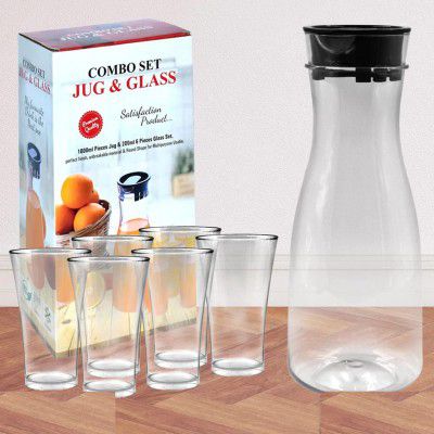 Suzec Drinkware Combo Set - Transparent Unbreakable Water Juicy Jug and 6 pcs Glass Combo Set for Dining Table