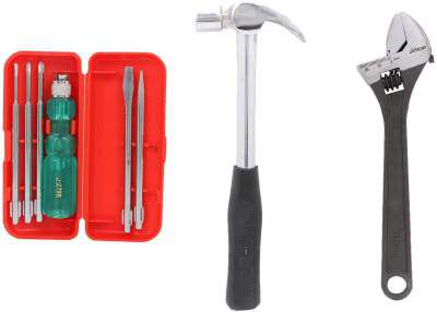 Suzec Johnson Advance Home Kit 5-Pieces Screwdriver Kit & Adjustable Wrench (250 mm) & Claw Hammer Steel Shaft
