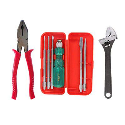 Suzec Johnson Basic Home Kit Combination Plier & 5-Pieces Screwdriver Kit (Multicolour) & Vanadium Steel Adjustable Wrench (Silver, 300 mm)