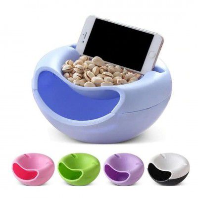 Suzec Plastic Double Layers Multifunctional Creative Shape Lazy Pista Nut Snack Nashta Breakfast Dry Fruit Serving Platter Bowl Katori with Mobile Cellphone Holder Bracket Stand (Multicolor)