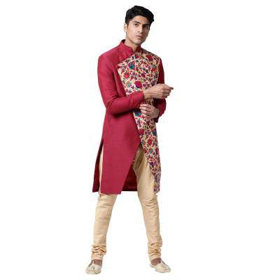SVANIK Maroon Floral Print Men's Sherwani