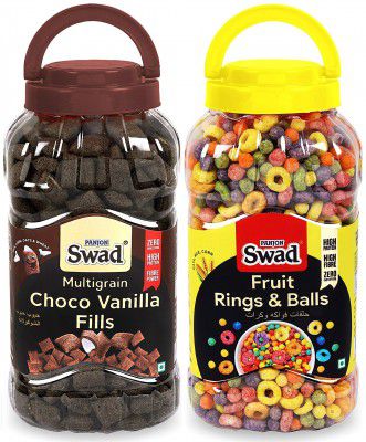 Swad Fruit Rings N Balls & Choco Vanilla Fills, Combo of 2 Jars (Multigrain Fruit & Choco Koko Fills Cereal) Jar, 680 g
