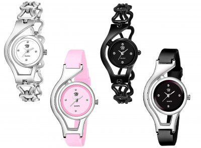 SWADESI STUFF Black & White Color Diamond Studded Dial Analog Watch for Girls and Women - Combo of 4