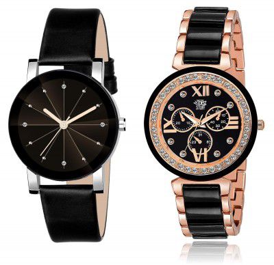 SWADESI STUFF Embellished & Studded Dial Analogue Black Dial Girls Watch (Black Dial Black Colored Strap) (Pack of 2)