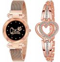 SWADESI STUFF Multicolor Metal Strap Magnet Watch & Heart Shape Diamond Bracelet Combo for Women & Girls...