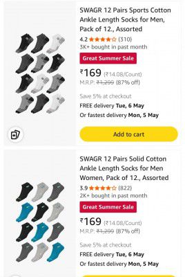 Upto 90% OFF | [ Pack Of 12 ]  SWAGR Socks, Starts at Rs 150