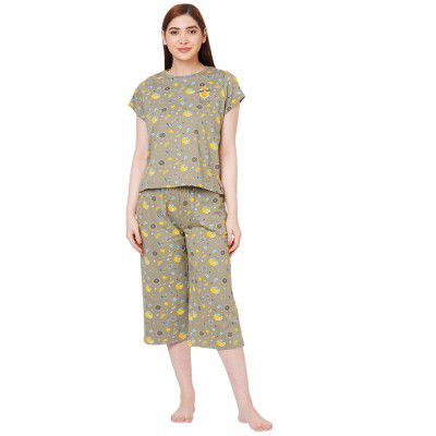 Sweet Dreams Women Printed Round Neck Short Sleeve Cotton Rich Capri Set