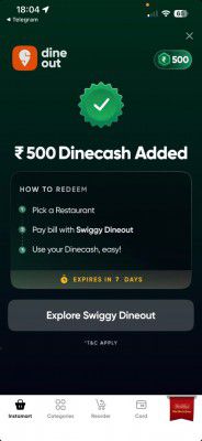Swiggy Dineout : Get ₹500 Dineout Cash
