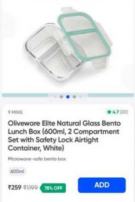 Swiggy Instamart Loot : Oliveware Elite Natural Glass Bento Lunch Box (600ml, 2 Compartment Set with Safety Lock Airtight Container, White)
