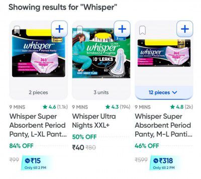 Swiggy Instamart Loot: Upto 84% OFF On Whisper Pads | Starts At Rs.15