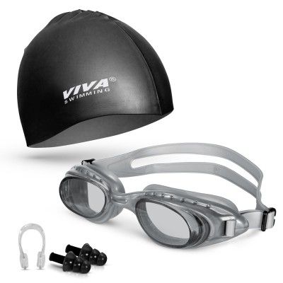 Swimming Goggles Combo 614 & Swimming Cap with 2 Ear Plug, Nose Clip Swimming Kit