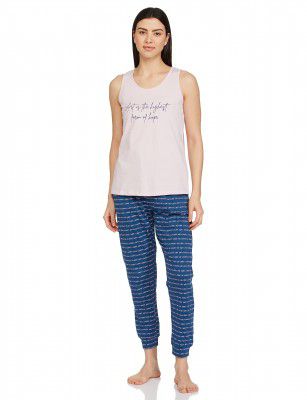 Symbol Women Cotton Regular Fit Sleveless Top and Jogger Night Suit
