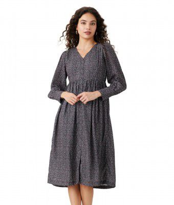 Symbol Women's Polyester Crepe Fit and Flare One Piece Midi Length Dress