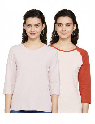 Symbol Women's Solid Cotton Stretch 3/4 Sleeve Round Neck Regular Fit T-Shirt (Pack of 2)