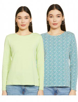 Symbol Women's Solid Cotton Stretch Full Sleeve Round Neck Regular Fit T-Shirt (Pack of 2)