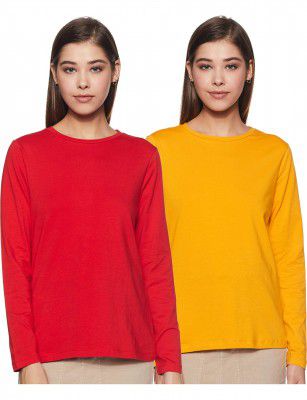Symbol Women's Solid Cotton Stretch Full Sleeve Round Neck Regular Fit T-Shirt (Pack of 2)
