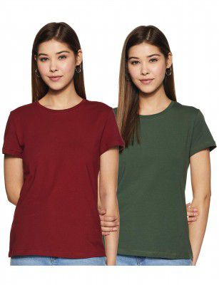 Symbol Women's Solid Cotton Stretch Half Sleeve Round Neck Regular Fit T-Shirt (Pack of 2)