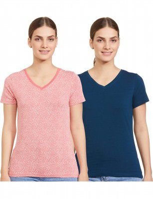 Symbol Women's Solid Cotton Stretch Half Sleeve V-Neck Regular Fit T-Shirt (Pack of 2)