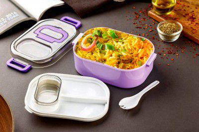 SYNYEY Plastic ApLiQ Lunch Box with 1 Small Container & 1 Spoon BPA Free, (900ml+100ml) (Multi Colour)