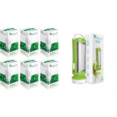Syska SSK-SRL-9W- Base B22 9-Watt LED Bulb (Pack of 6, Cool Day Light) & T0790LA Tuo Portable Rechargeable Led Lamp Cum Torch with Upto 4hrs Backup (Green-White)