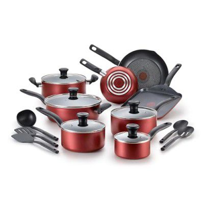T-fal A777SI64 Initiatives Nonstick Inside and Out Dishwasher Safe 18-Piece Cookware Set, Red