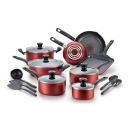 T-fal A777SI64 Initiatives Nonstick Inside and Out Dishwasher Safe 18-Piece Cookware Set, Red...